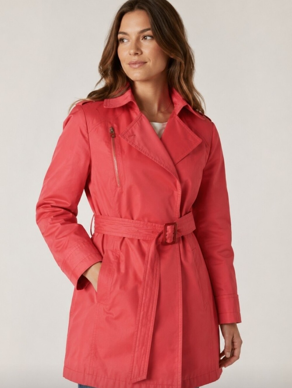 Michael Kors belted raincoat coral color lined trench Sz  L zip up